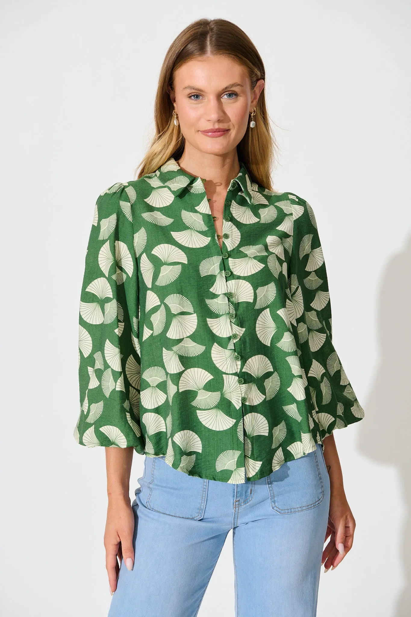 Keegan Shirt in Green with White Print sold by St Frock