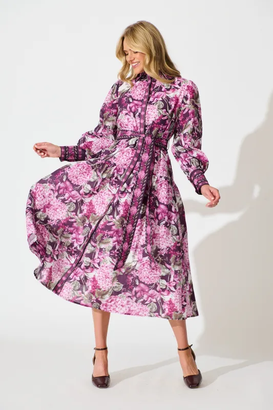 Verity Maxi Dress in Multi Plum Floral Linen Blend sold by St Frock