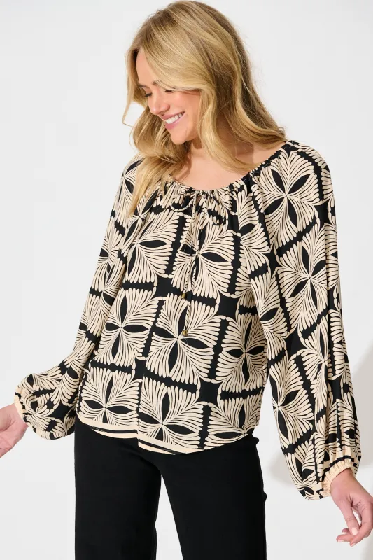 Marcy Top in Cream with Black Tile Print sold by St Frock