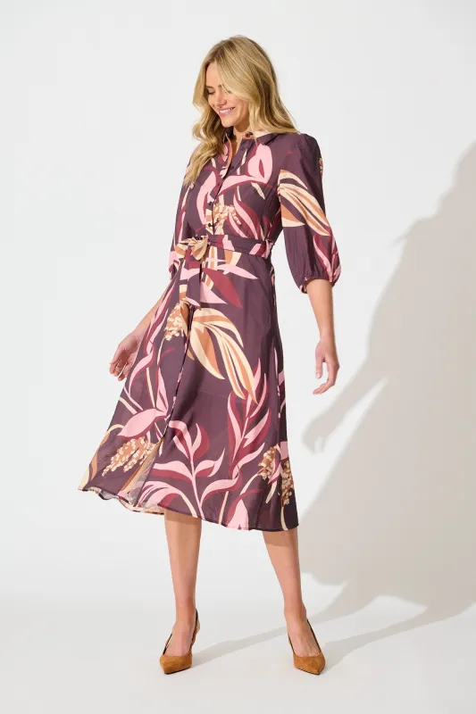 Alvia Midi Shirt Dress in Plum with Multi Floral Print sold by St Frock