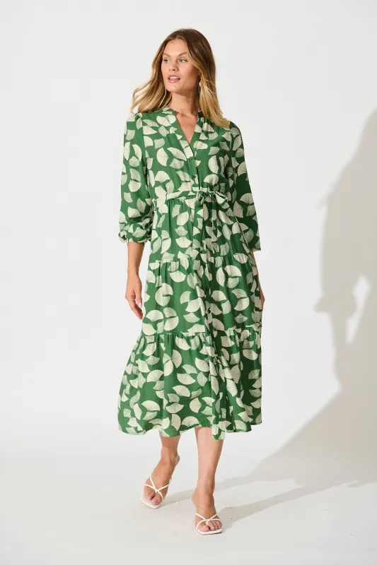 Donissa Midi Dress in Green with White Print sold by St Frock