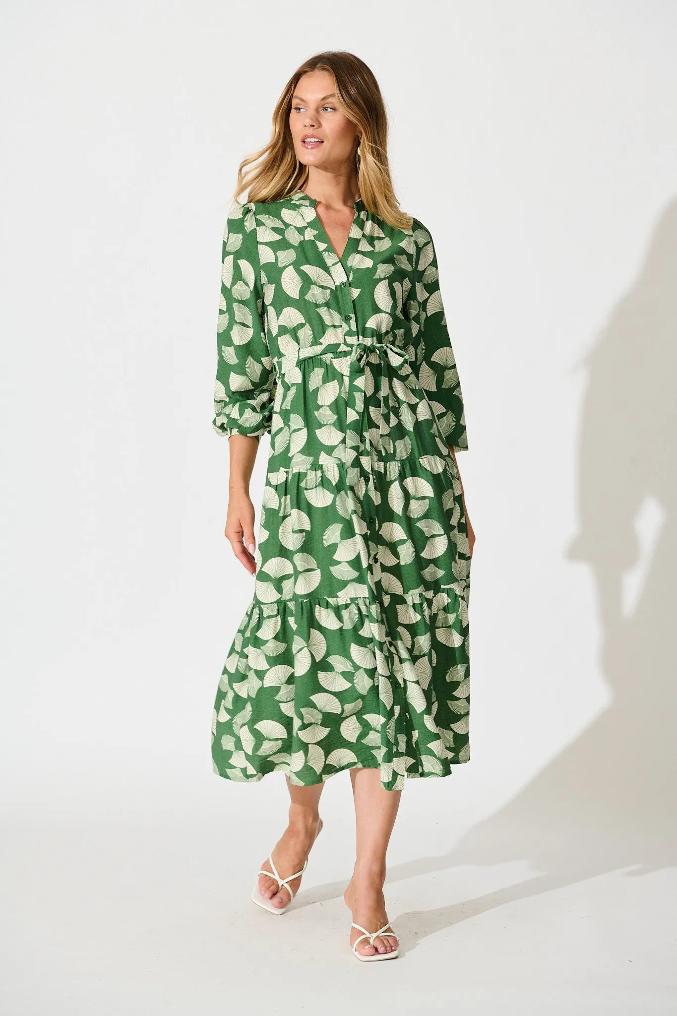 Donissa Midi Dress in Green with White Print sold by St Frock