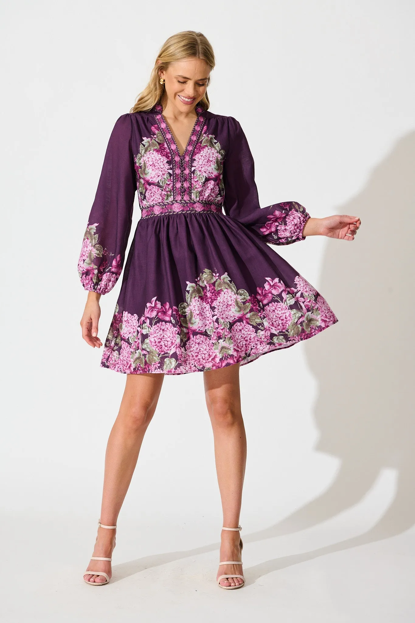 Clarion Dress in Plum Border Floral Linen Blend sold by St Frock