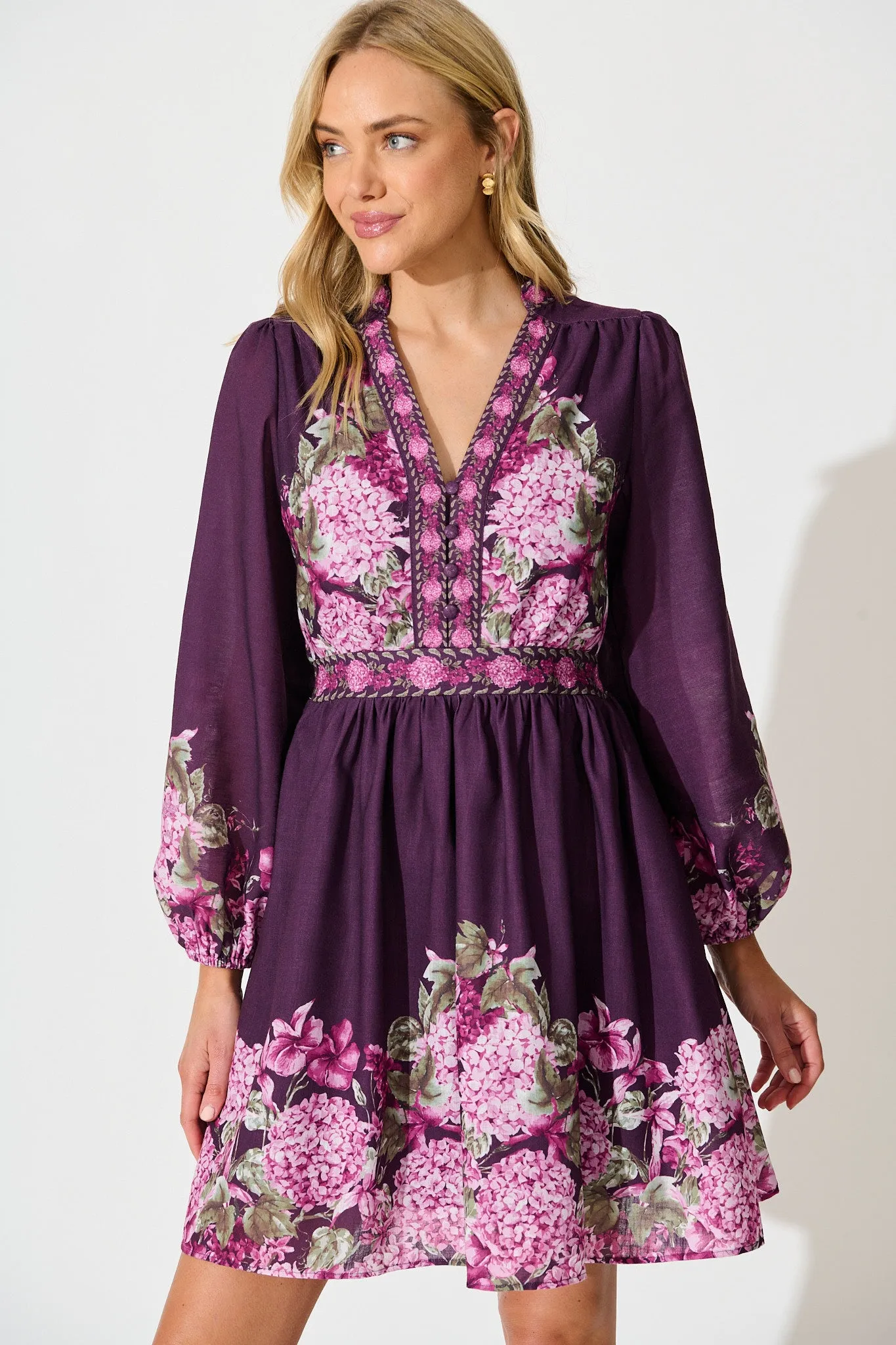 Clarion Dress in Plum Border Floral Linen Blend sold by St Frock product image thumbnail 2