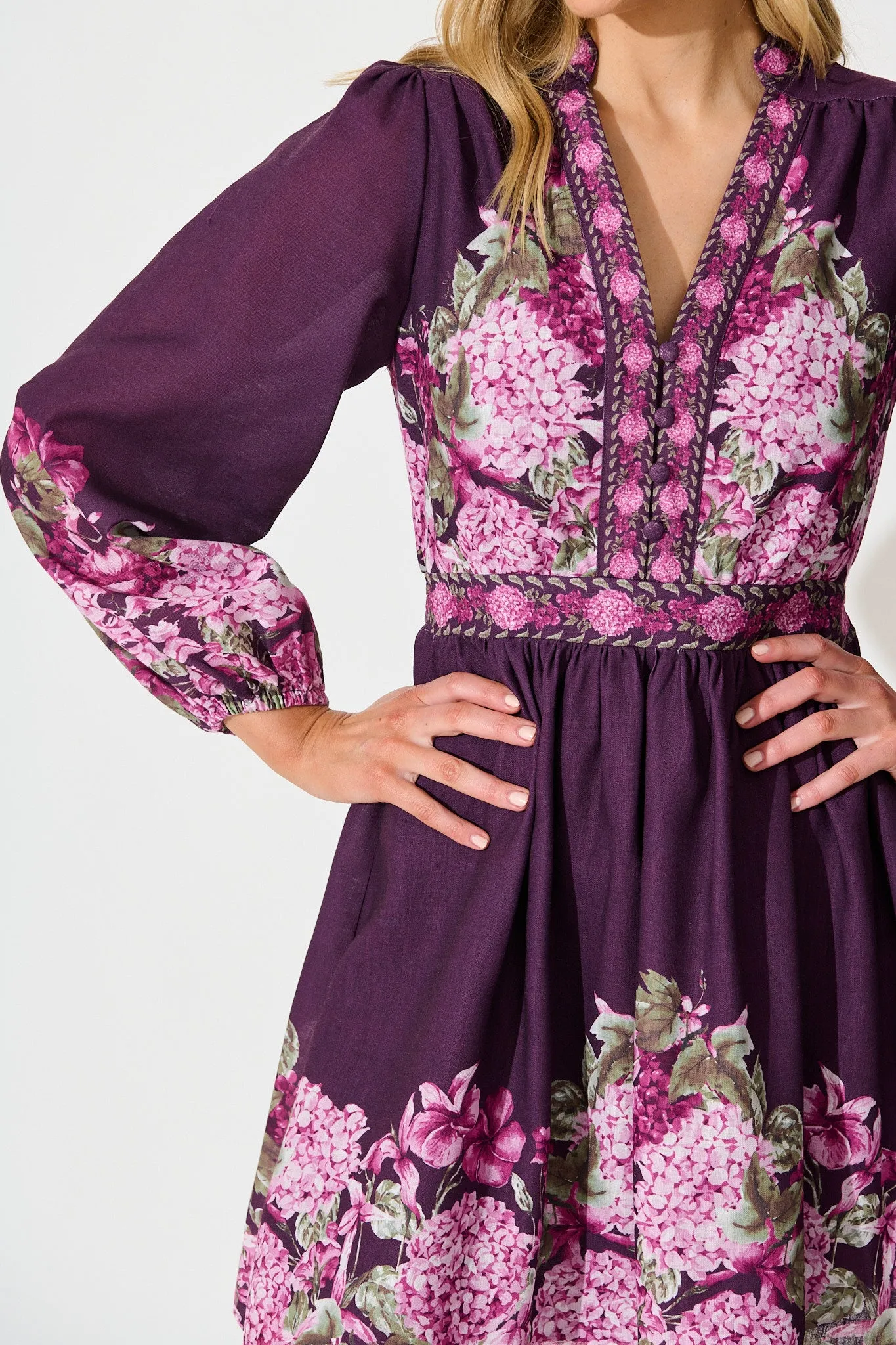 Clarion Dress in Plum Border Floral Linen Blend sold by St Frock product image thumbnail 5