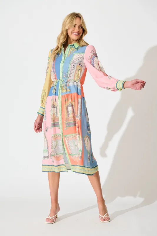 Jensen Midi Shirt Dress in Multi Patchwork Print Linen Blend sold by St Frock