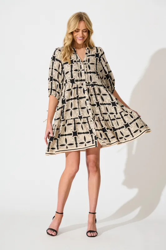 Emelyn Smock Dress in Cream with Black Tile Print sold by St Frock