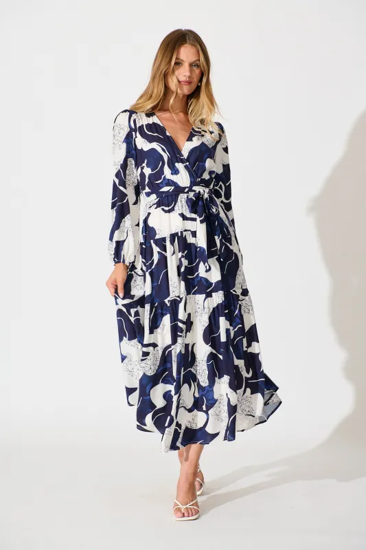 Lyons Midi Dress in White with Navy Print sold by St Frock