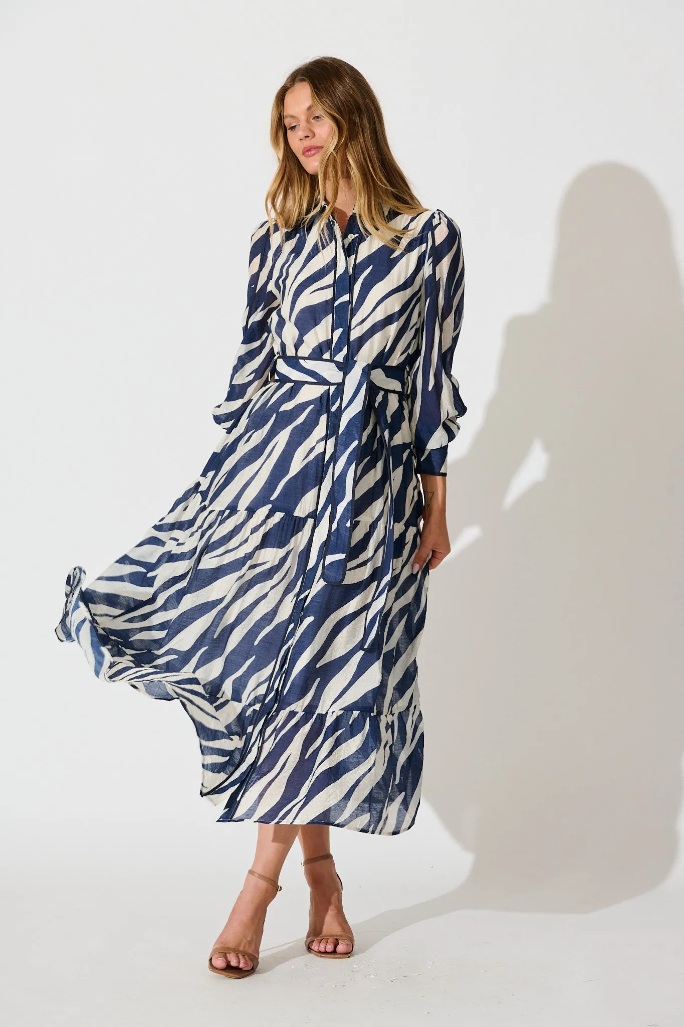 Naylor Maxi Shirt Dress in Navy with White Print sold by St Frock