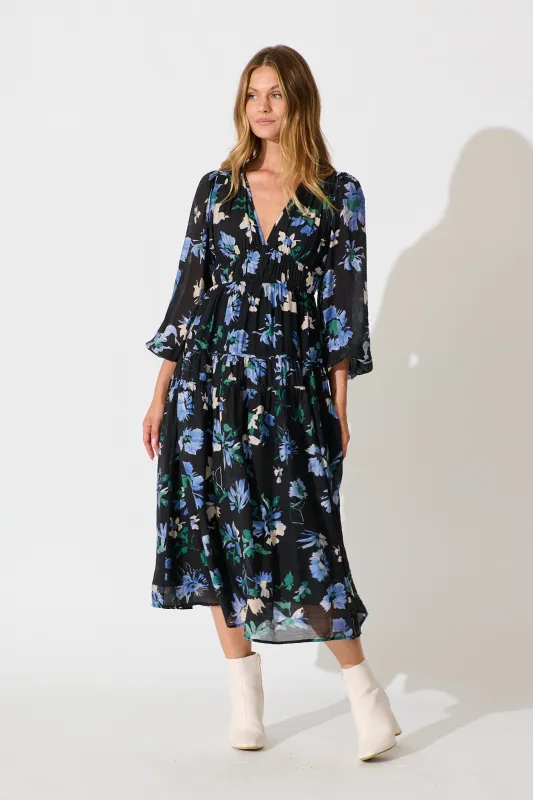 Beeblossom Midi Dress in Black Base Floral sold by St Frock
