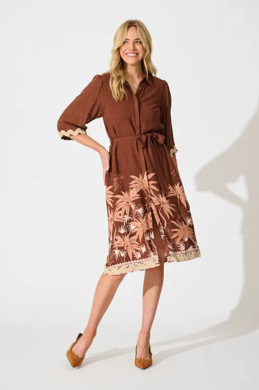 Mirabelle Midi Shirt Dress in Brown Palm Tree Border Print sold by St Frock