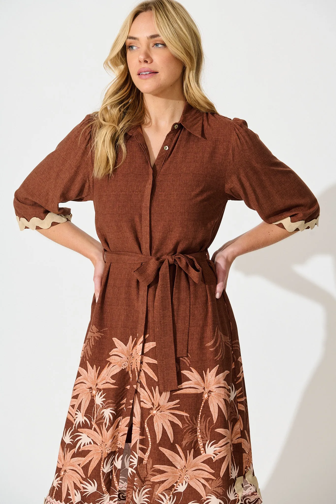 Mirabelle Midi Shirt Dress in Brown Palm Tree Border Print sold by St Frock product image thumbnail 2