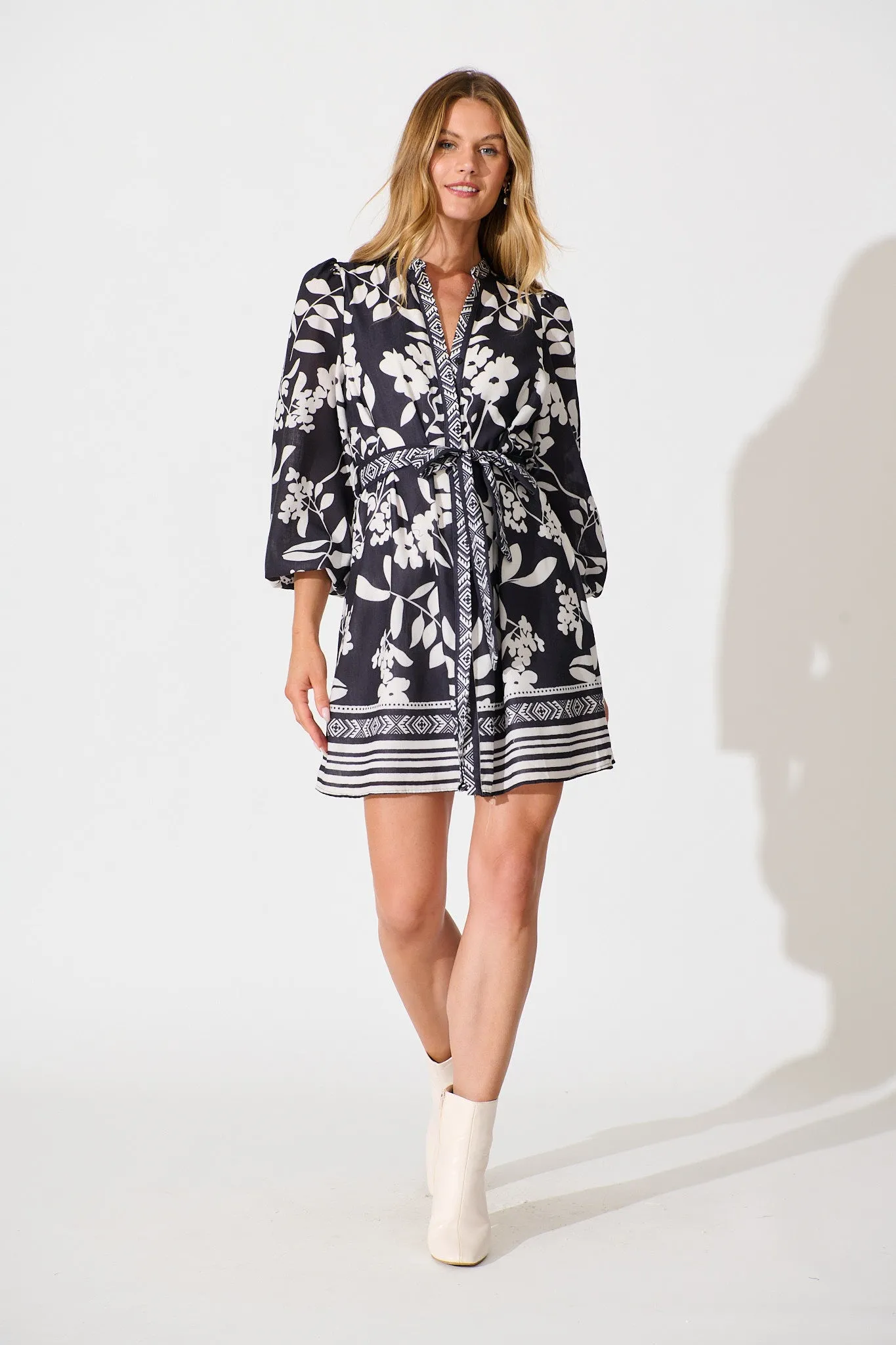 Valetta Dress in Black with White Linen Blend sold by St Frock