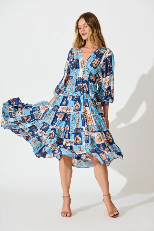 Nimisha Midi Dress in Blue with Brown Patchwork Print sold by St Frock