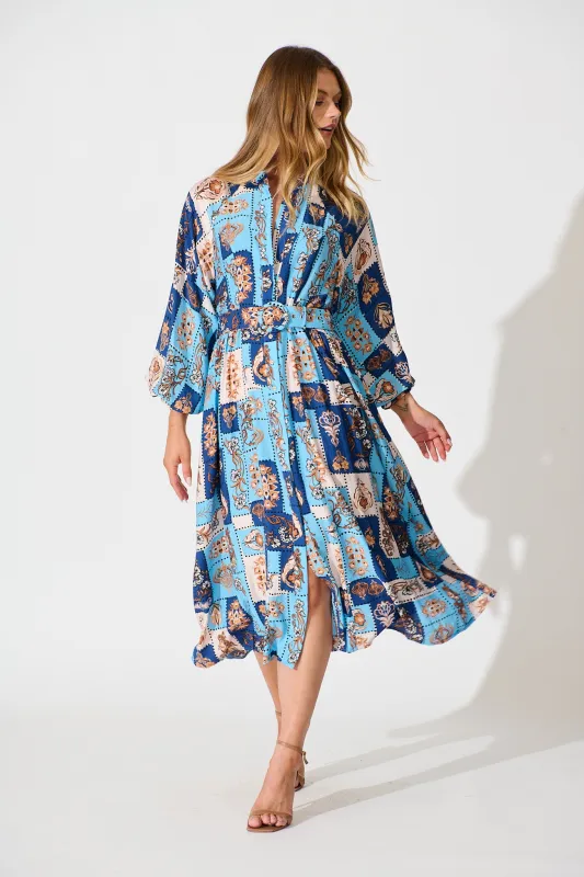 Corina Midi Dress in Blue with Brown Patchwork Print sold by St Frock