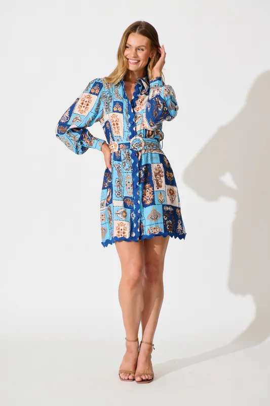 Amico Dress in Blue with Brown Patchwork Print sold by St Frock