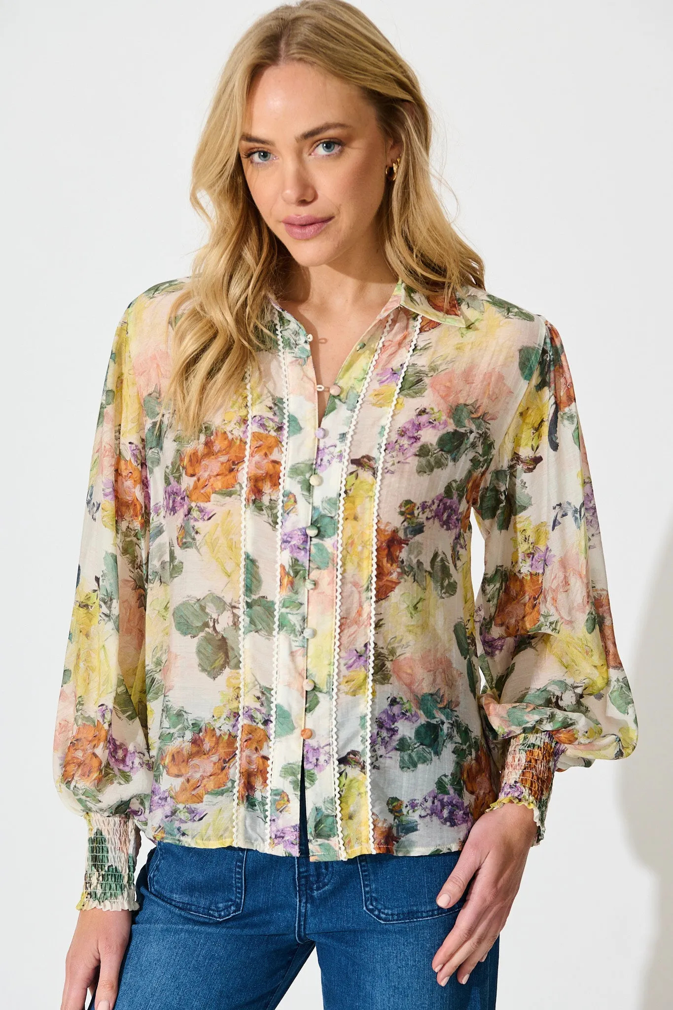 Esra Shirt in Cream with Multi Floral Print sold by St Frock
