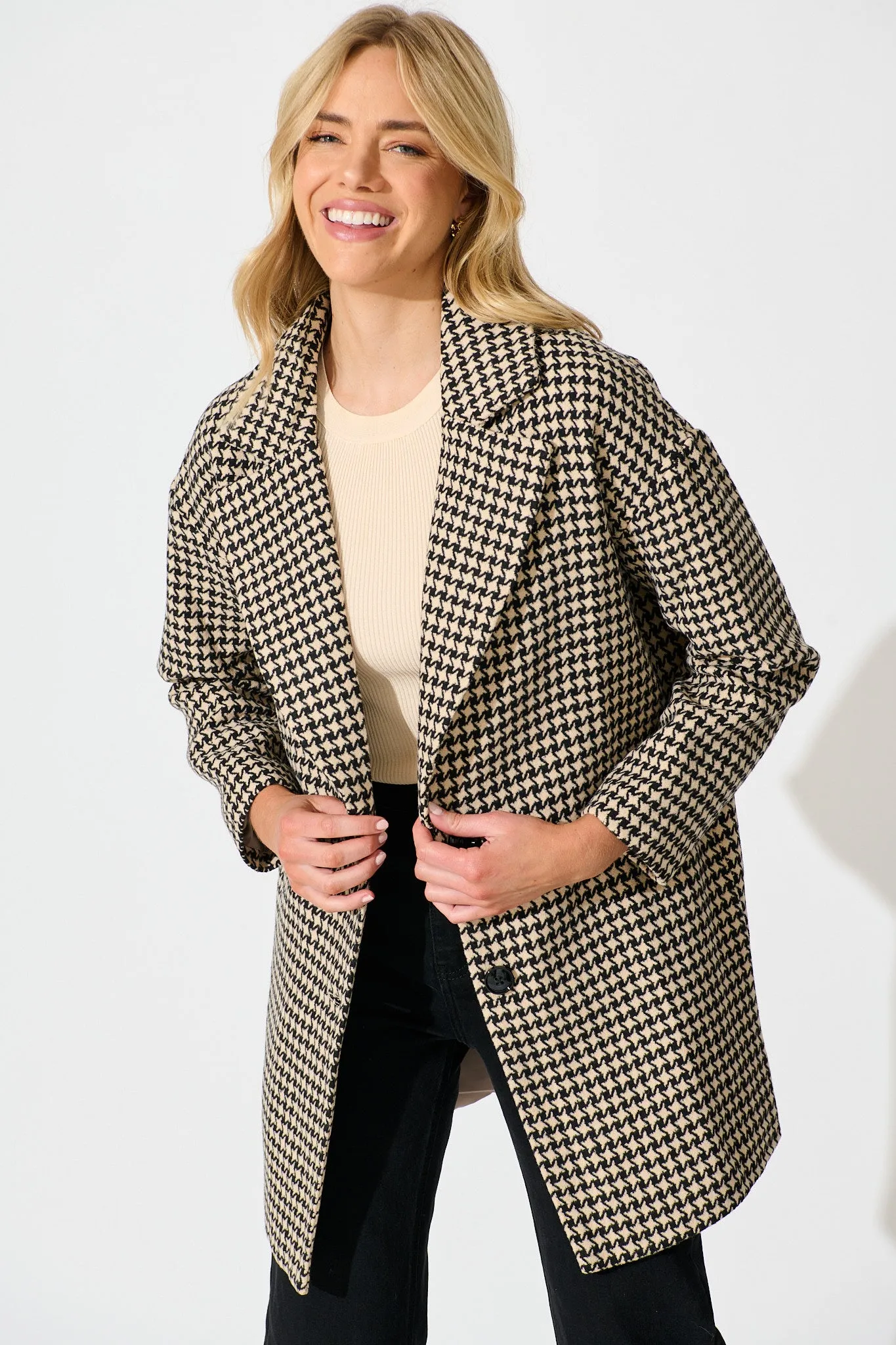 Norvina Coat in Beige with Black Herringbone Check sold by St Frock