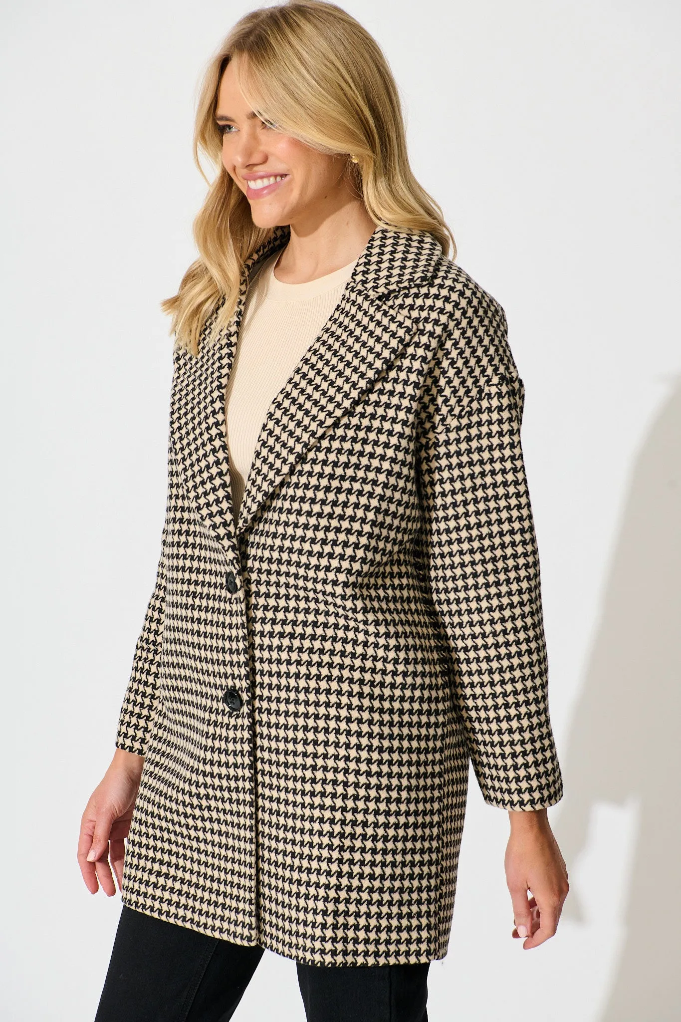 Norvina Coat in Beige with Black Herringbone Check sold by St Frock product image thumbnail 3