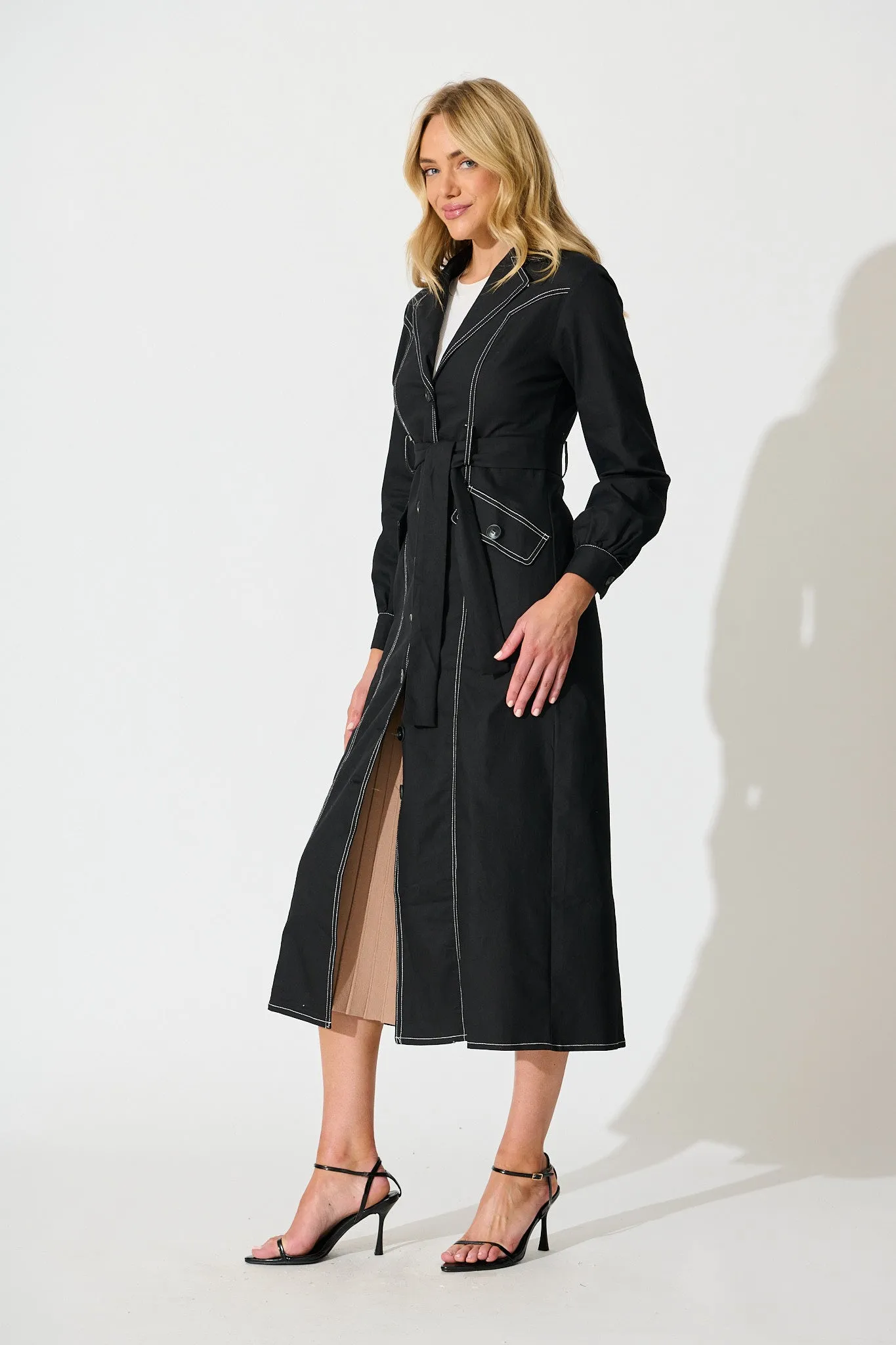 Jules Coat in Black with Contrast Stitch Cotton Blend sold by St Frock product image thumbnail 3