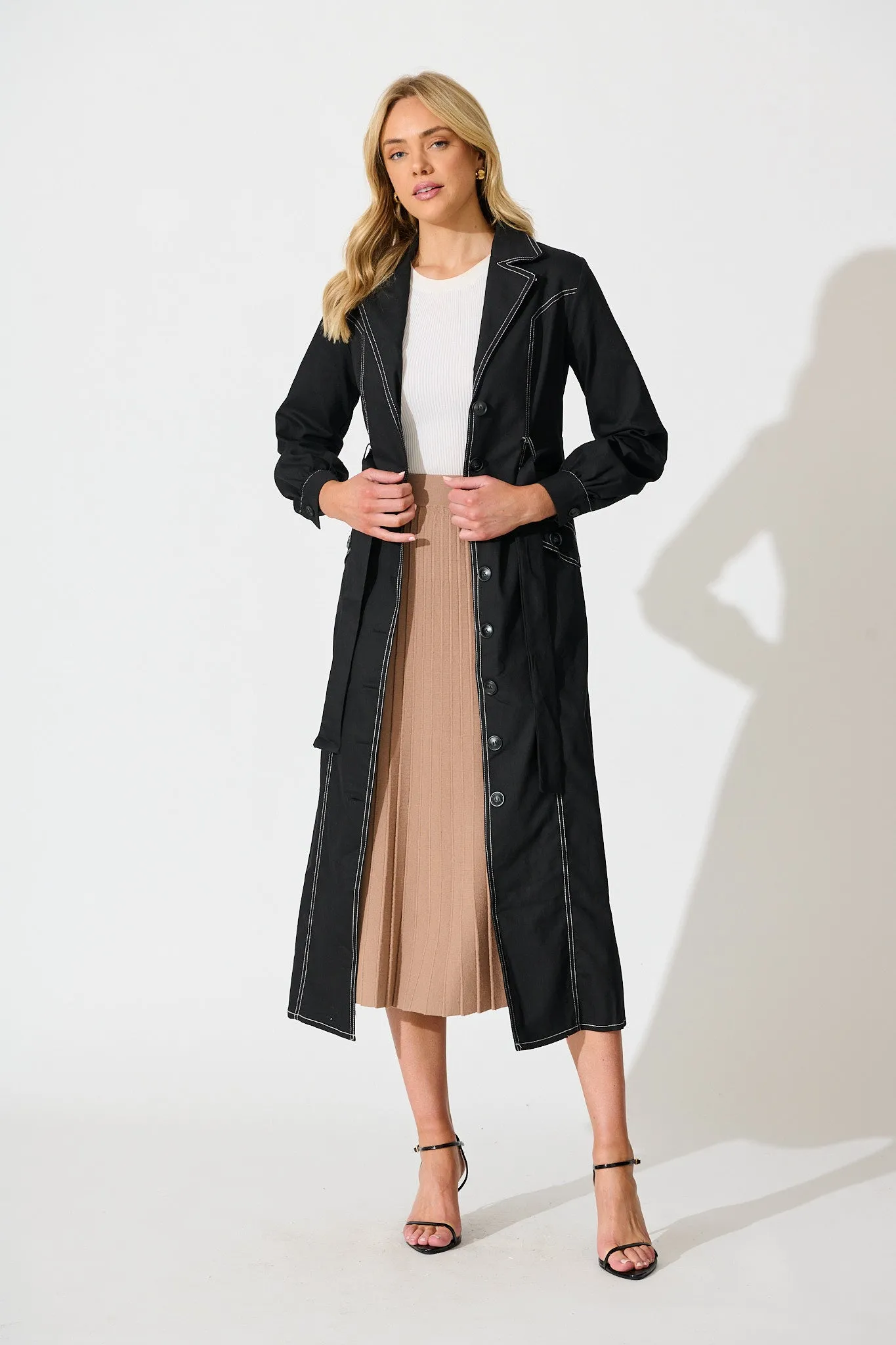 Jules Coat in Black with Contrast Stitch Cotton Blend sold by St Frock
