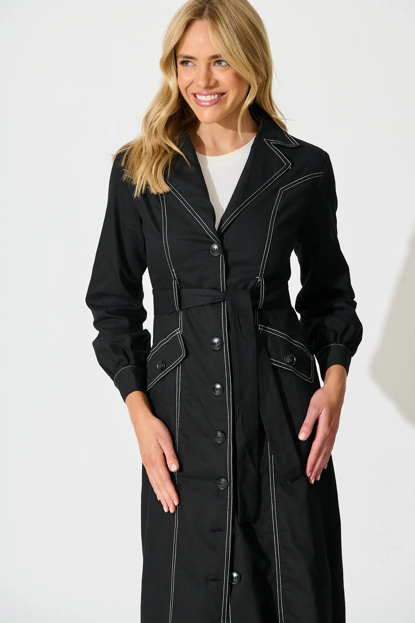 Jules Coat in Black with Contrast Stitch Cotton Blend sold by St Frock product image thumbnail 2