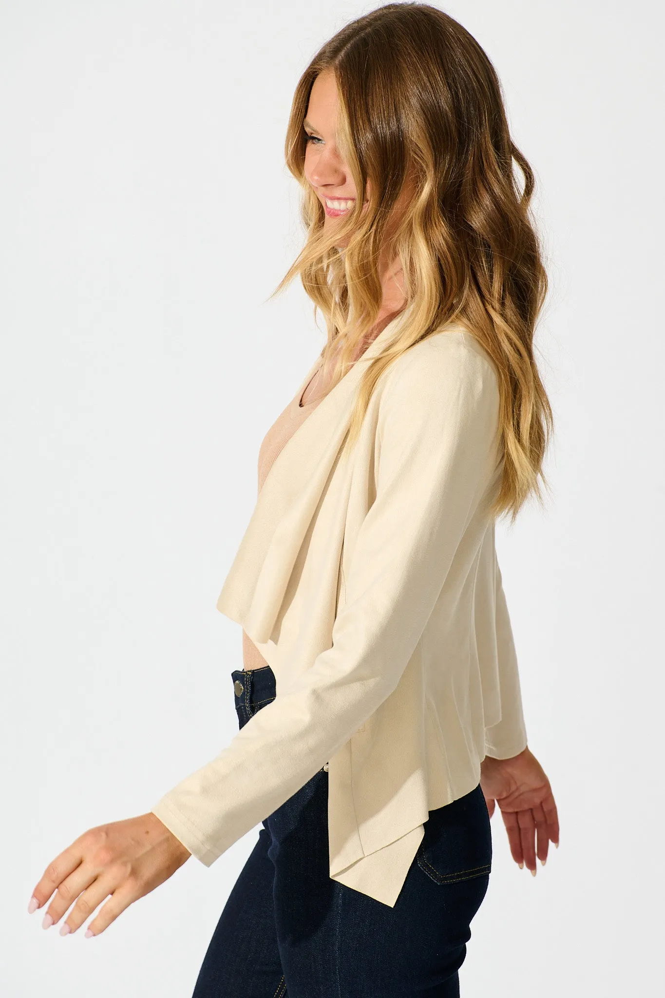 Kylah Waterfall Jacket in Beige Suedette sold by St Frock product image thumbnail 2