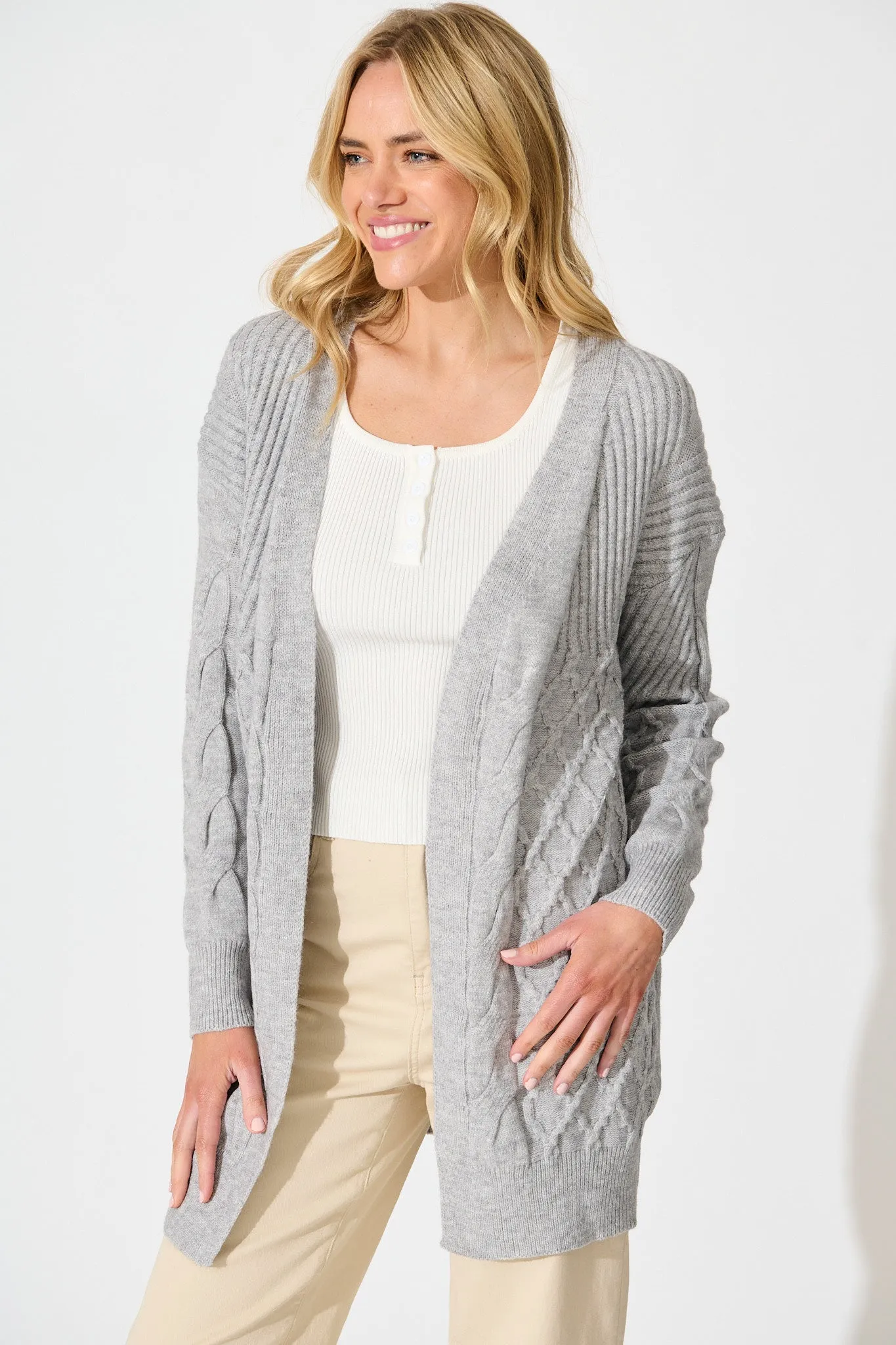Okina Knit Cardigan In Grey Marle Wool Blend sold by St Frock product image thumbnail 2