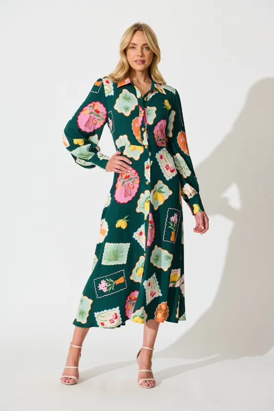 Ciao Bella Maxi Shirt Dress in Emerald Postcard Print sold by St Frock
