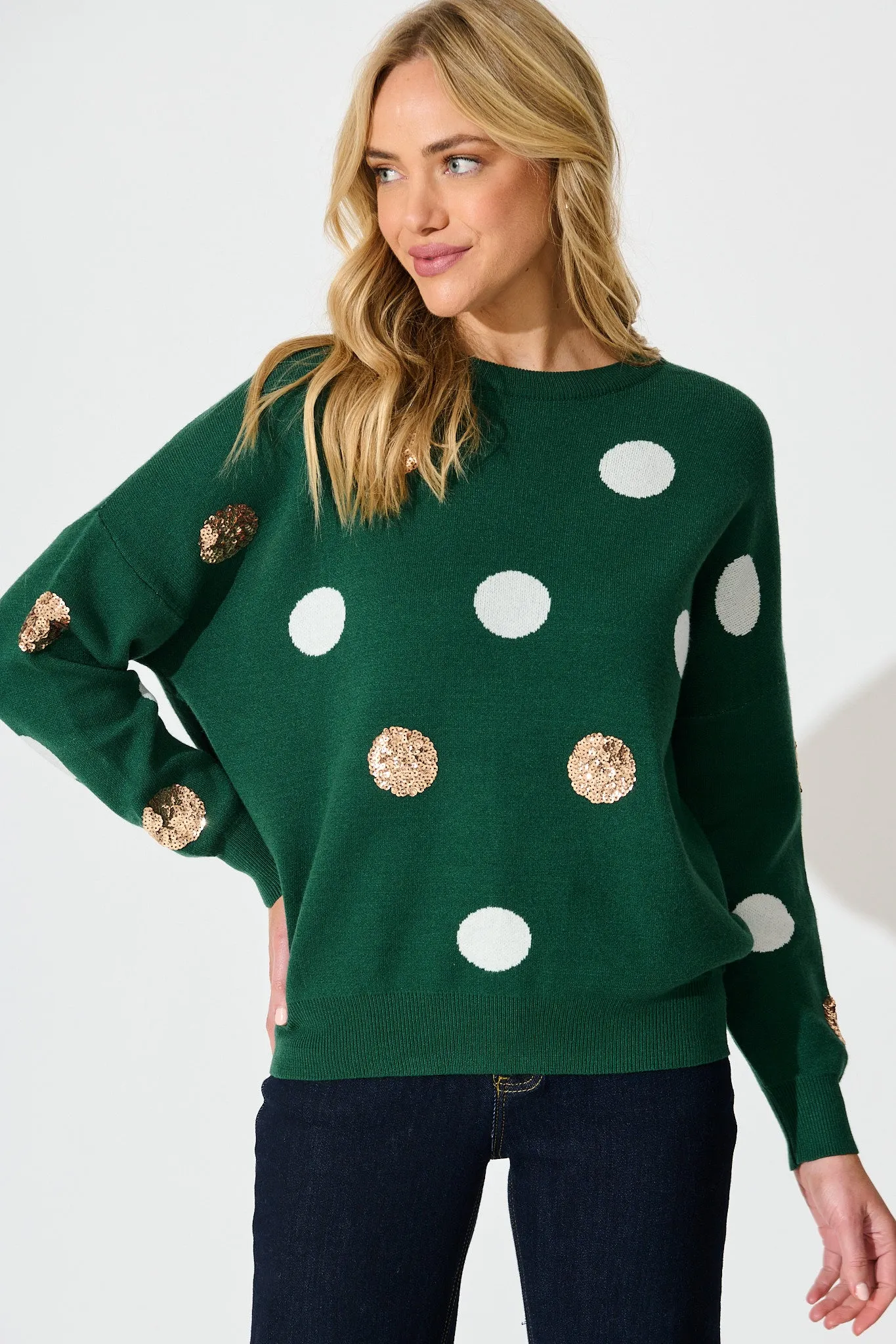 Almeria Knit In Emerald With Sequin Spot Wool Blend sold by St Frock