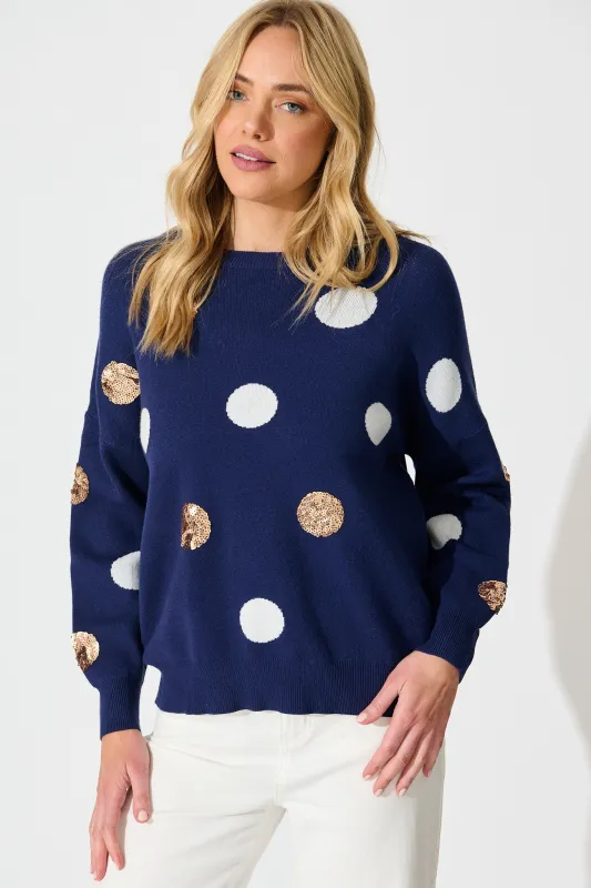 Almeria Knit In Navy With Sequin Spot Wool Blend sold by St Frock