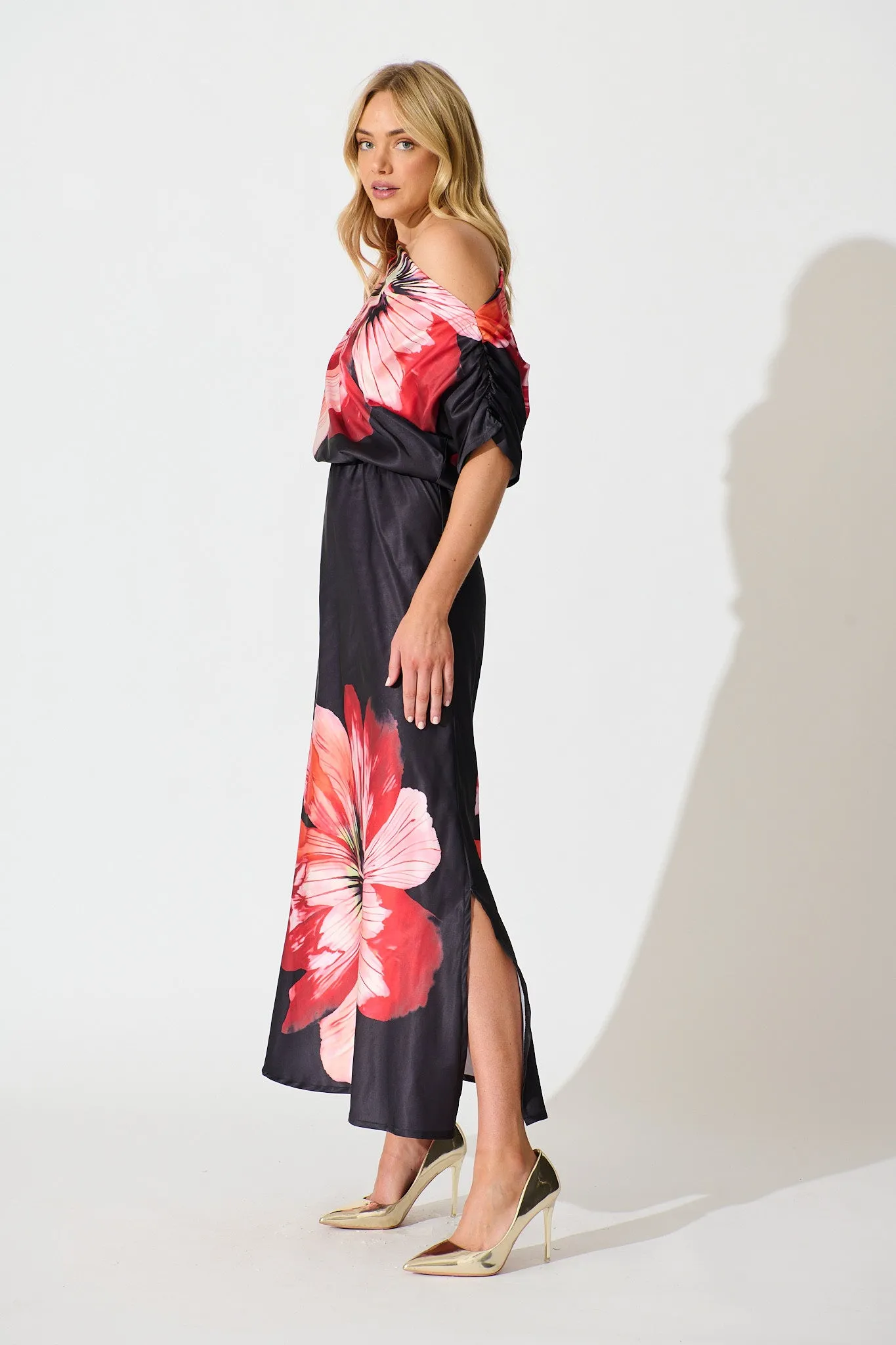 Sarita Maxi Off Shoulder Dress in Black and Red Flower Satin sold by St Frock product image thumbnail 3