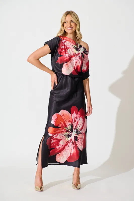 Sarita Maxi Off Shoulder Dress in Black and Red Flower Satin sold by St Frock