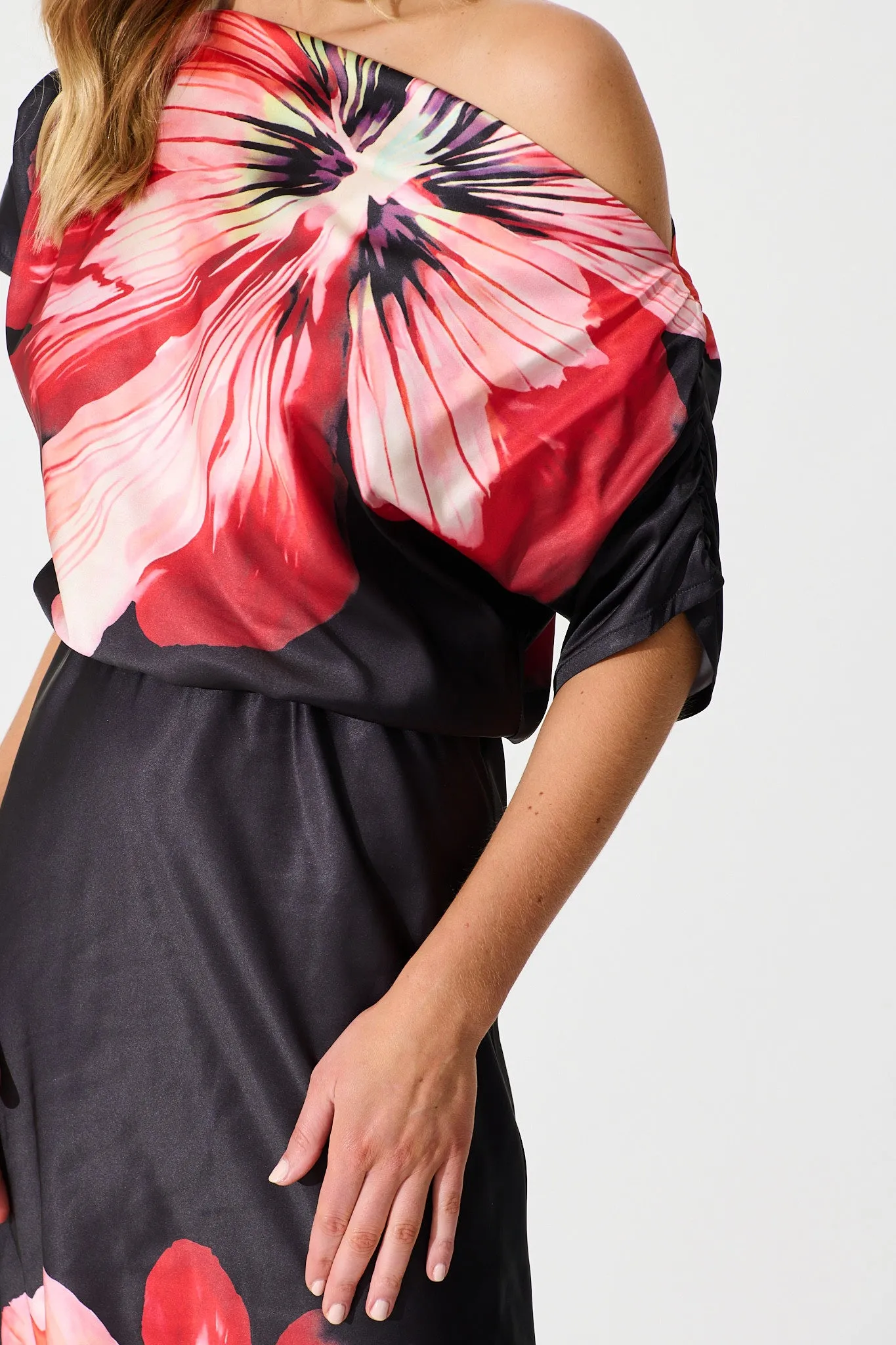 Sarita Maxi Off Shoulder Dress in Black and Red Flower Satin sold by St Frock product image thumbnail 5