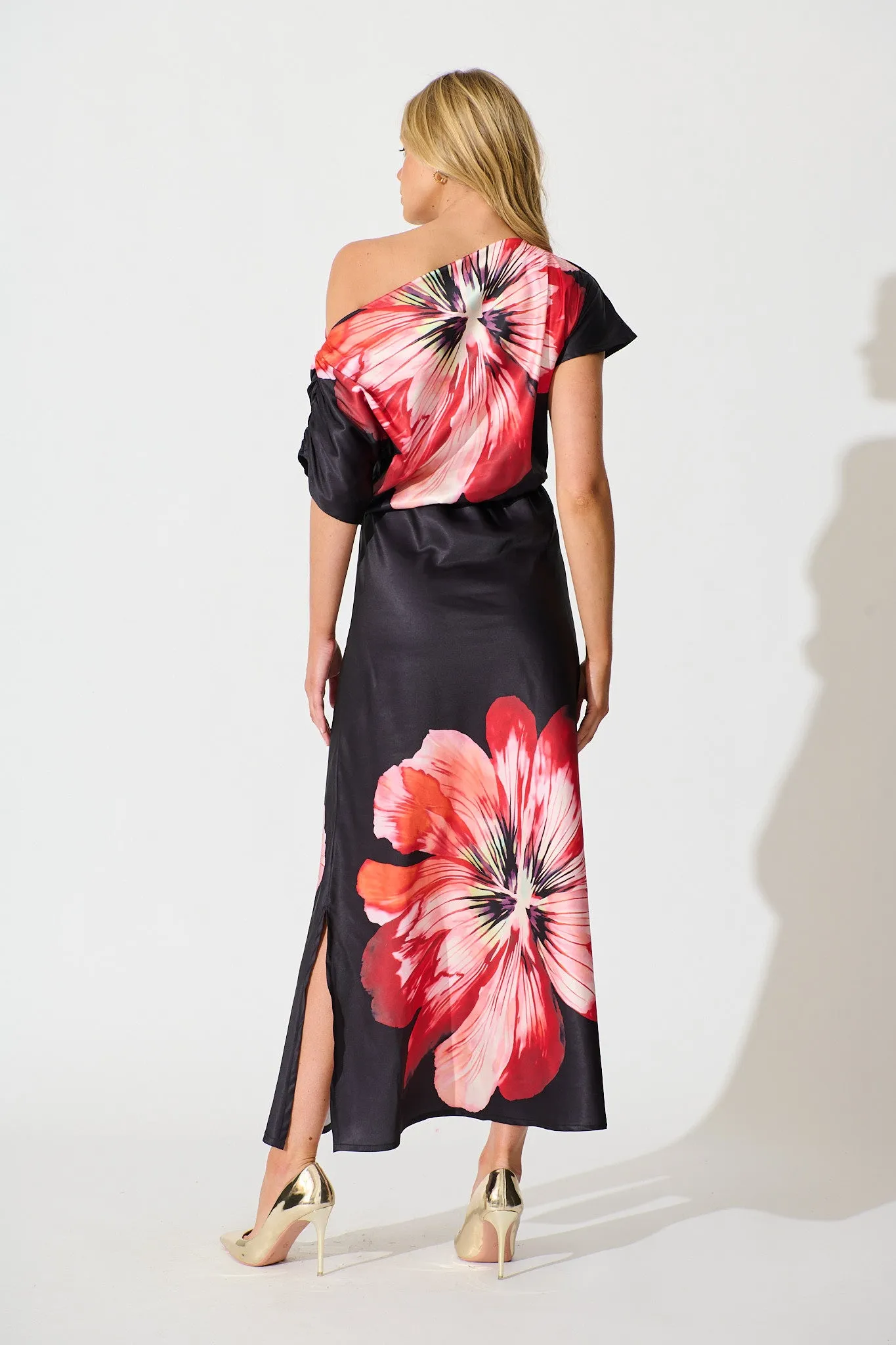 Sarita Maxi Off Shoulder Dress in Black and Red Flower Satin sold by St Frock product image thumbnail 4