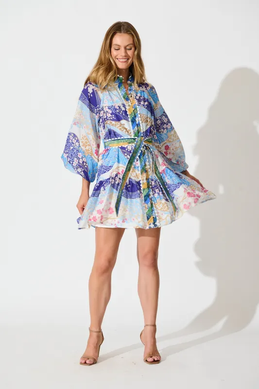 Izzy Dress in Blue and Multi Floral with Ric Rac Trim sold by St Frock