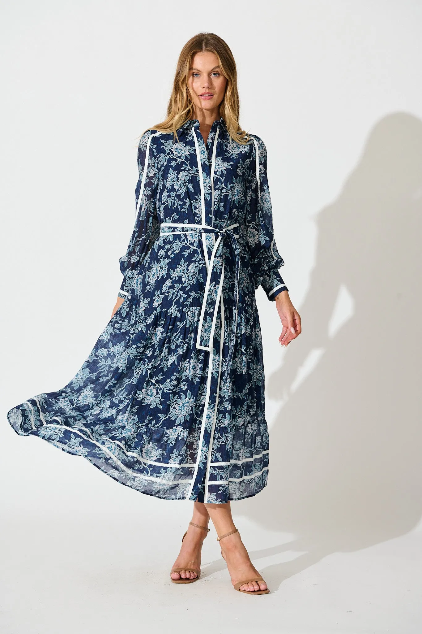 Mayella Maxi Shirt Dress in Navy Floral with Contrast Trim sold by St Frock