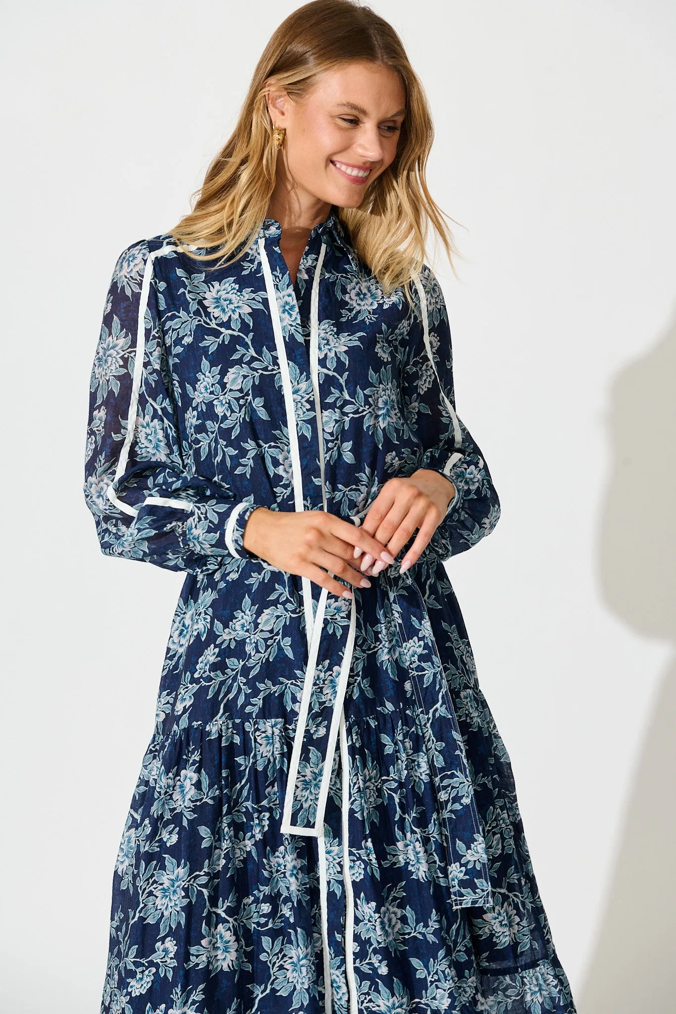 Mayella Maxi Shirt Dress in Navy Floral with Contrast Trim sold by St Frock product image thumbnail 2