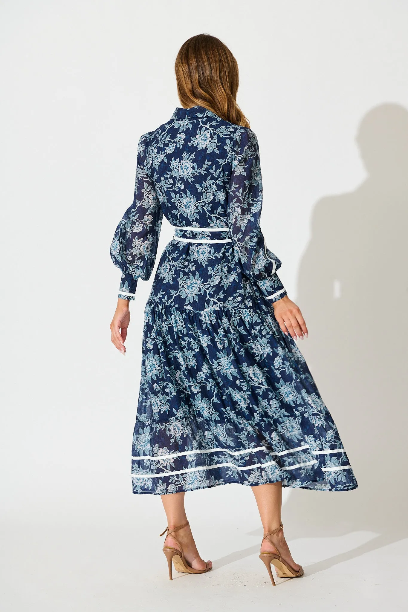 Mayella Maxi Shirt Dress in Navy Floral with Contrast Trim sold by St Frock product image thumbnail 4