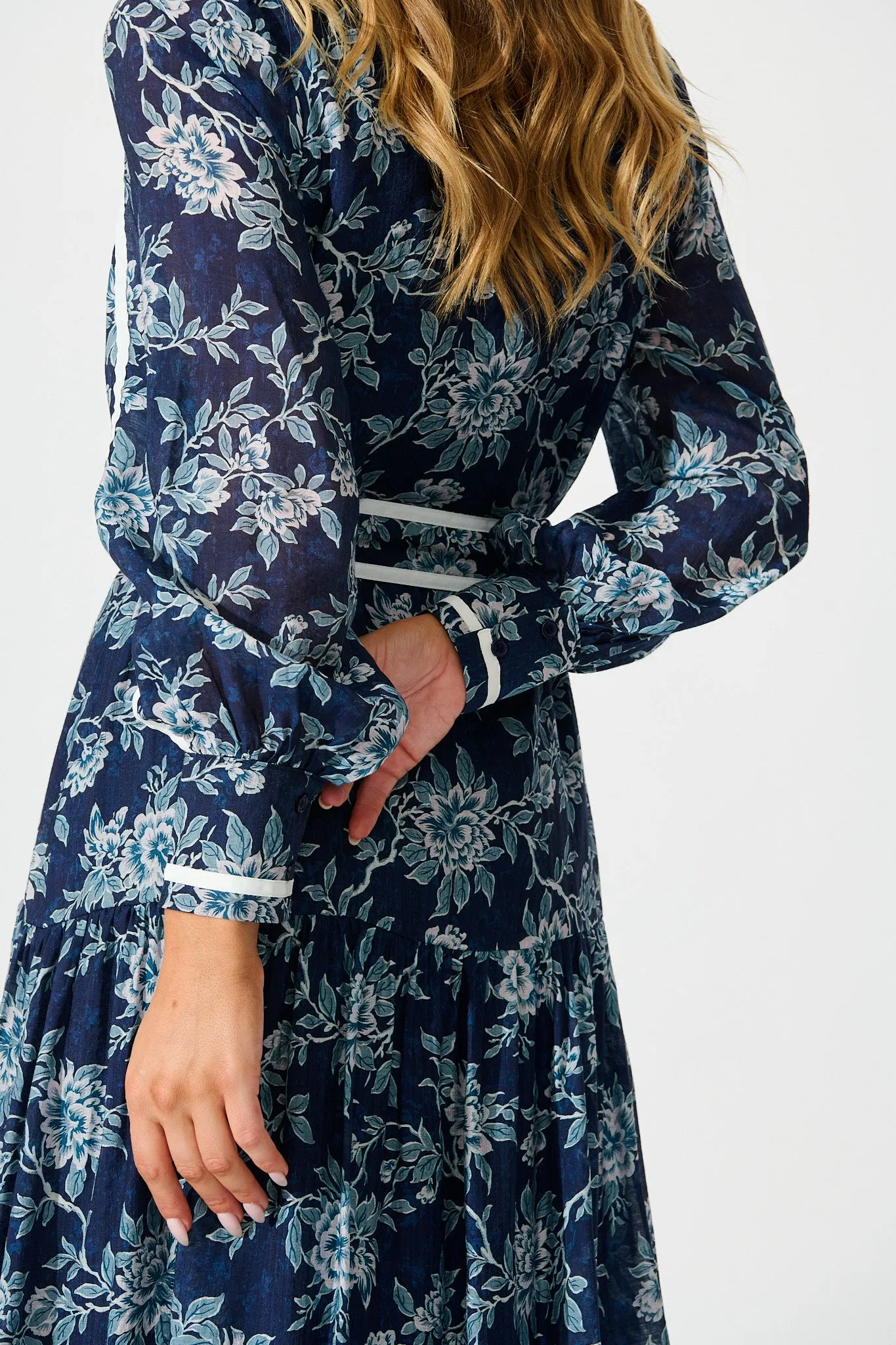 Mayella Maxi Shirt Dress in Navy Floral with Contrast Trim sold by St Frock product image thumbnail 5