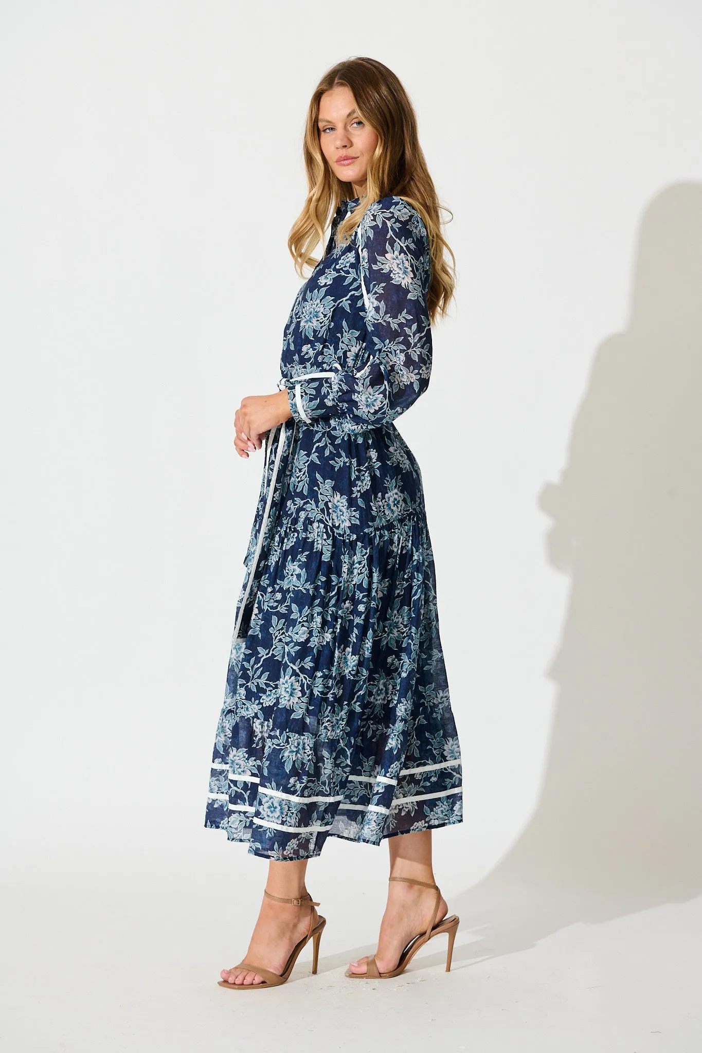 Mayella Maxi Shirt Dress in Navy Floral with Contrast Trim sold by St Frock product image thumbnail 3