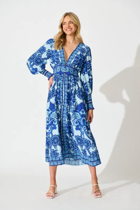 Deep Dive Maxi Dress in Blue with Navy Border Print sold by St Frock