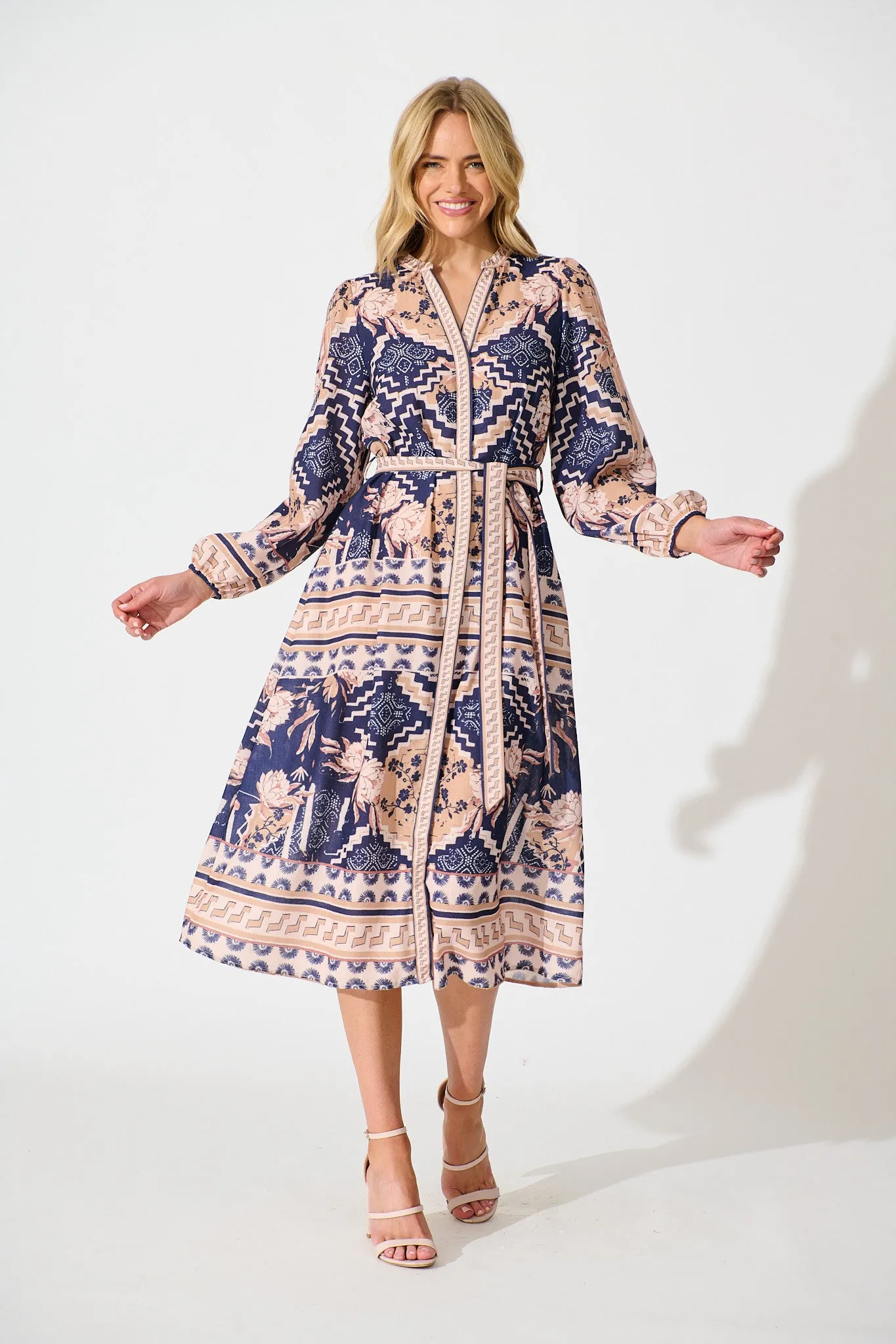 Janeiro Midi Dress in Navy with Beige Linen Blend sold by St Frock
