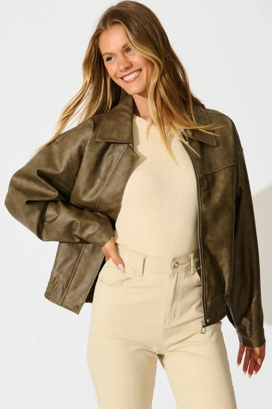 Look Twice Bomber Jacket in Brown Leatherette sold by St Frock