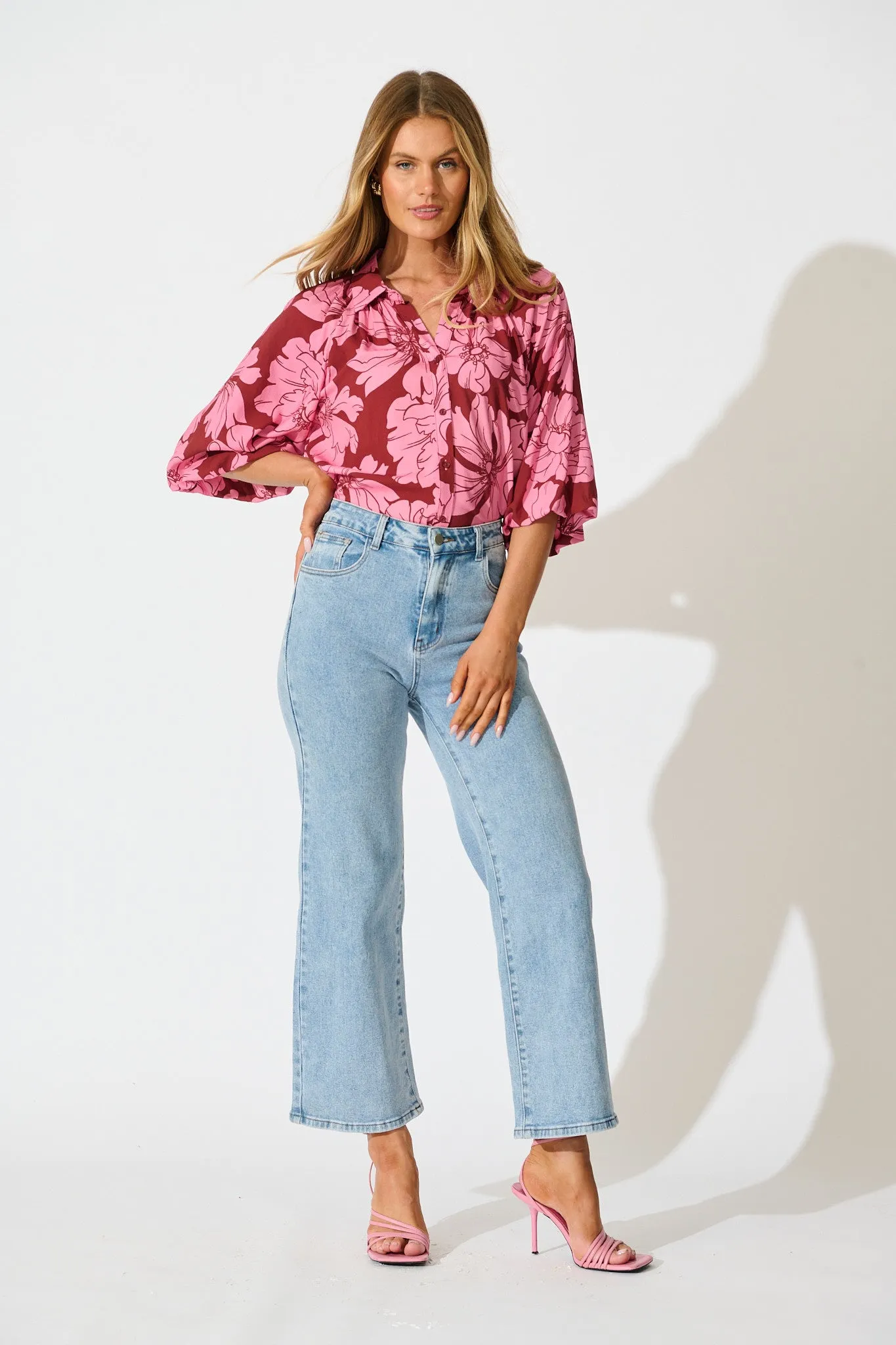 Anita Shirt In Wine with Pink Floral sold by St Frock product image thumbnail 4