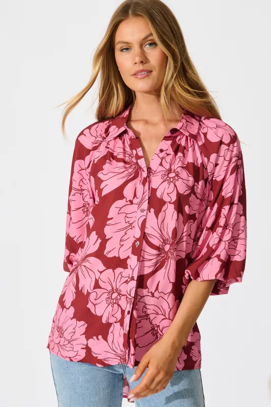 Anita Shirt In Wine with Pink Floral sold by St Frock