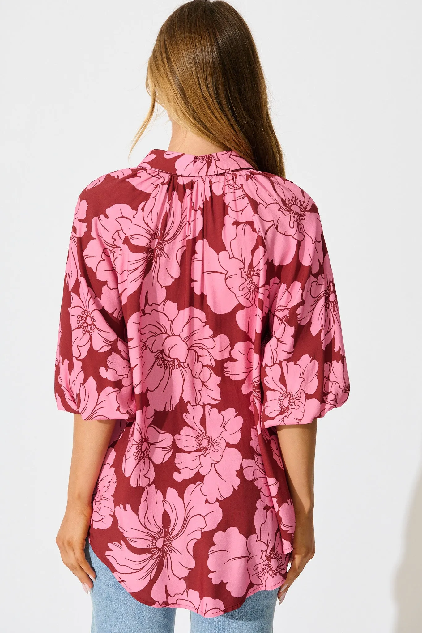 Anita Shirt In Wine with Pink Floral sold by St Frock product image thumbnail 3