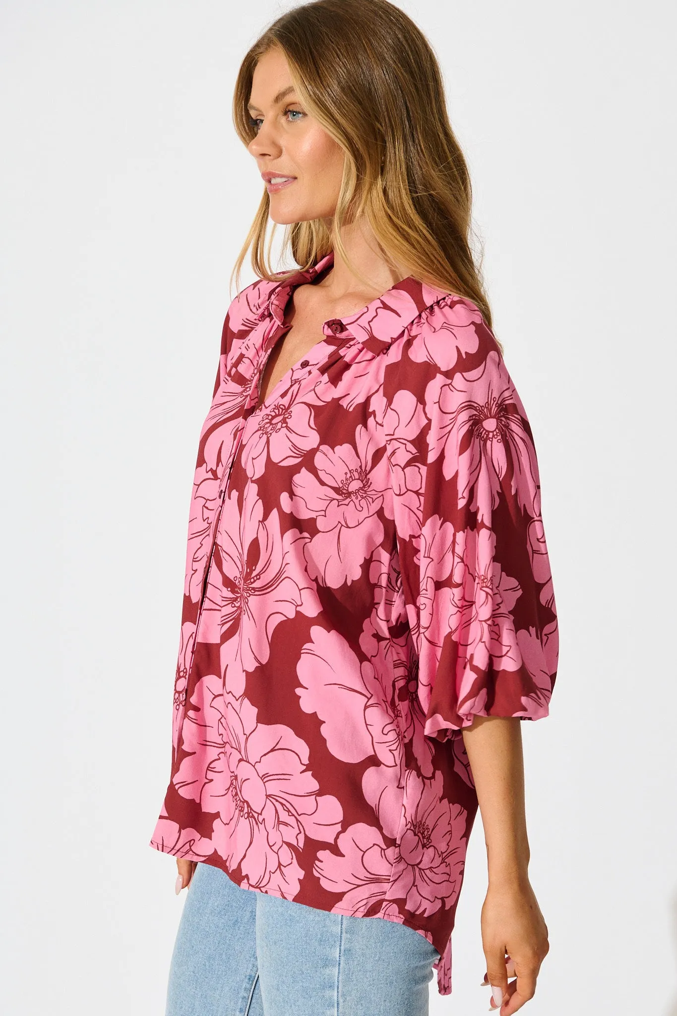 Anita Shirt In Wine with Pink Floral sold by St Frock product image thumbnail 2