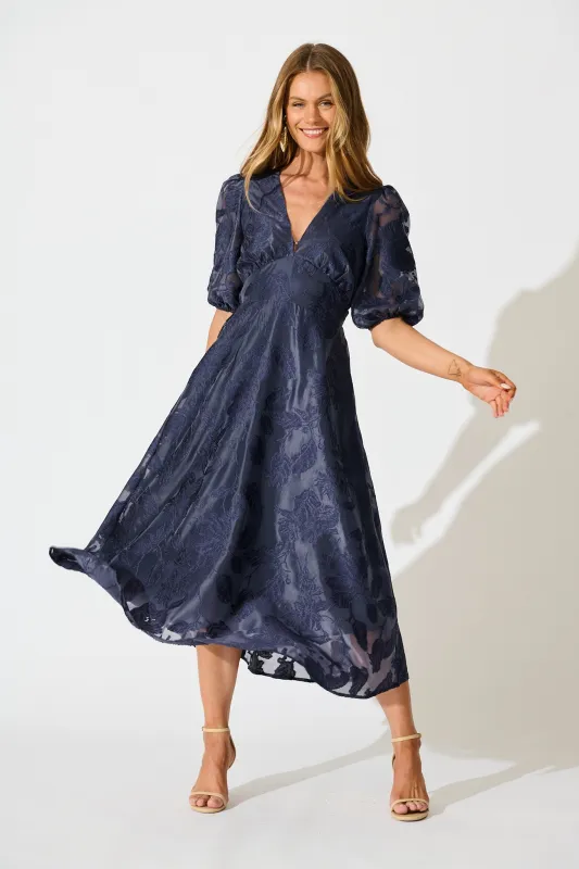 Opulence Midi Dress in Navy Floral Organza sold by St Frock