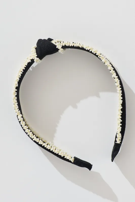 Tonia Beaded Knot Textured Headband in Black with Cream sold by St Frock